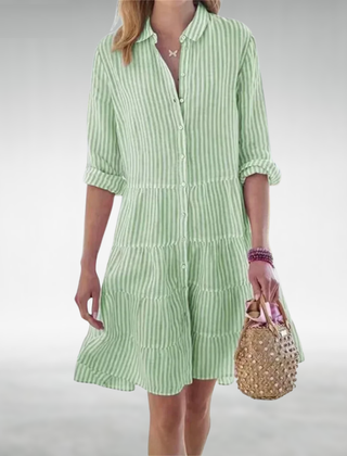 Mint green striped button-front midi dress with tiered ruffle skirt and rolled sleeves
