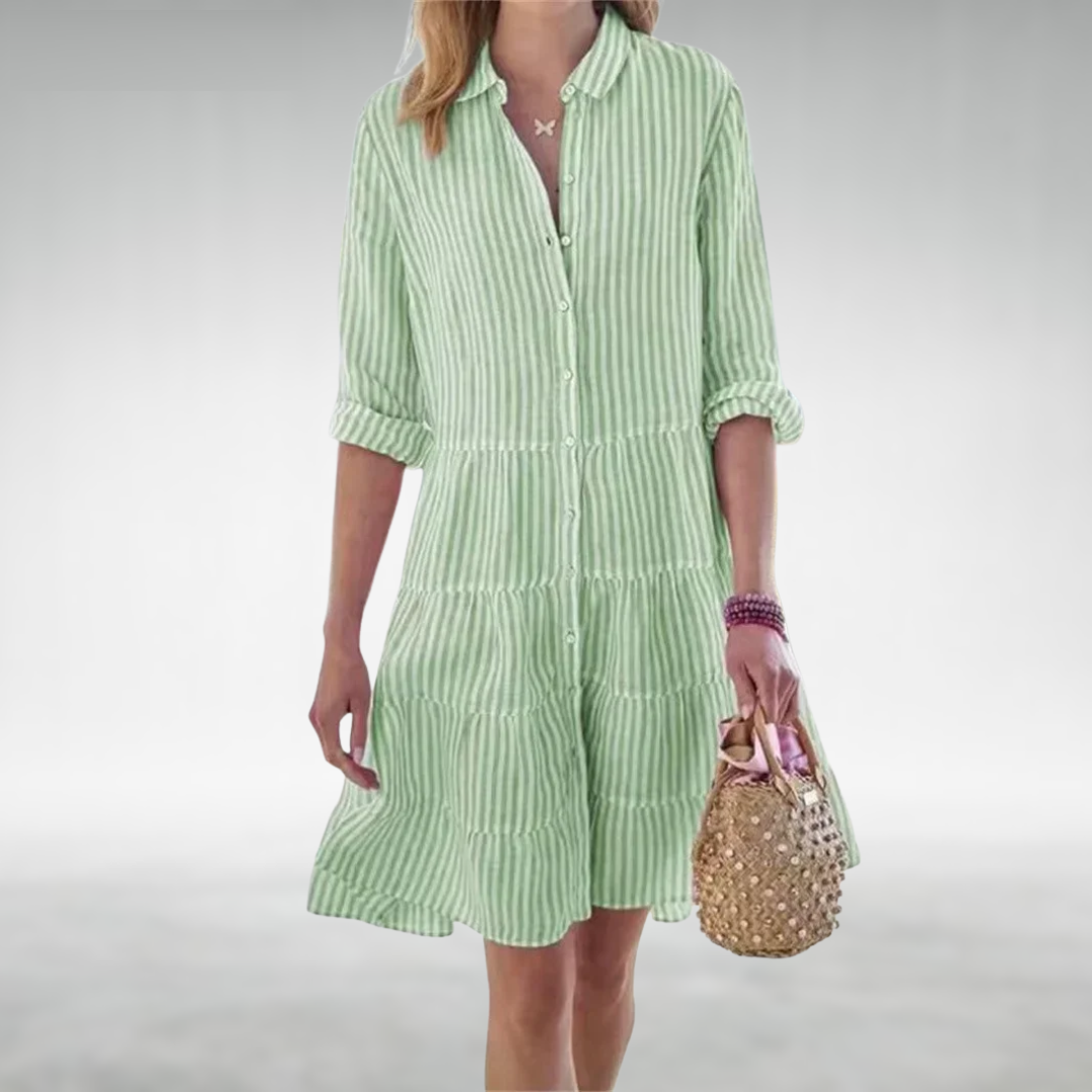 Mint green striped button-front midi dress with tiered ruffle skirt and rolled sleeves