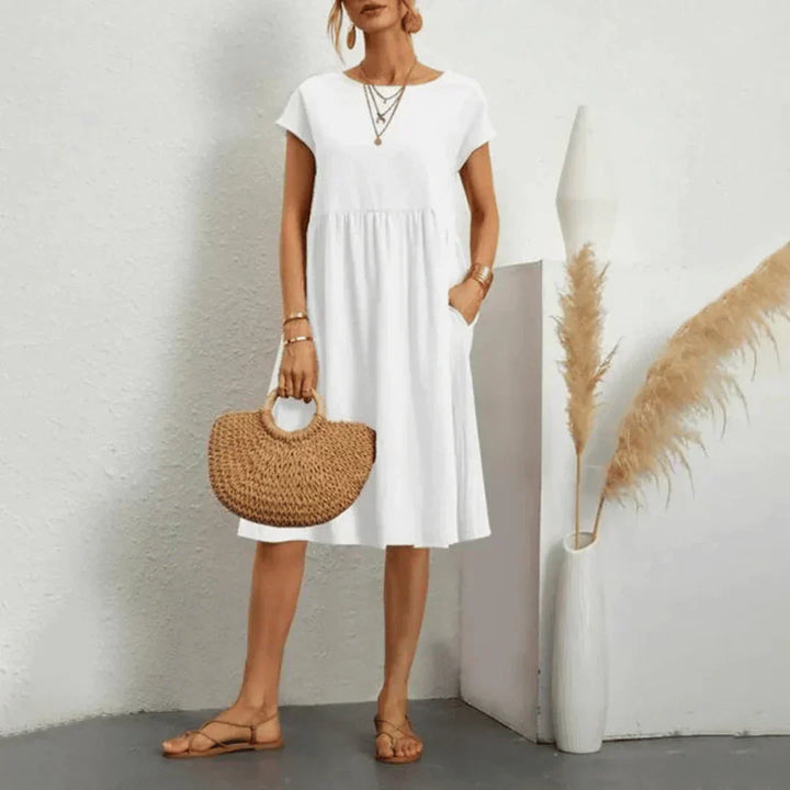 Mira™ relaxed midi dress, white, short sleeves, scoop neck, gathered waist