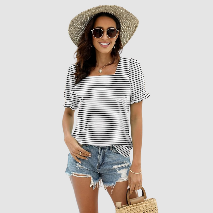 Square-neck short-sleeve top in white with black horizontal stripes