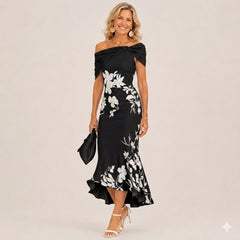 Black floral off-shoulder midi dress with twisted neckline and asym hem