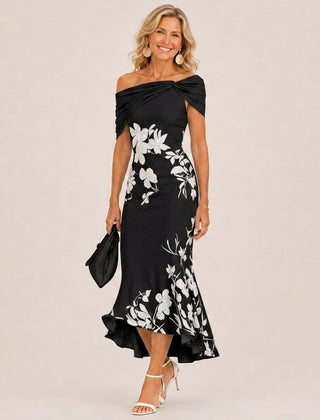 Black floral off-shoulder midi dress with twisted neckline and asym hem