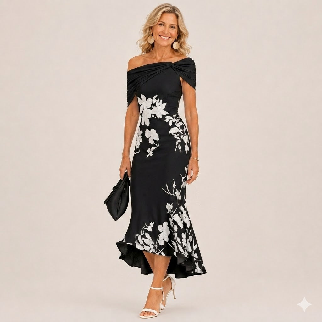 Black floral off-shoulder midi dress with twisted neckline and asym hem