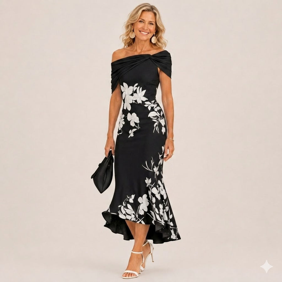 Black floral off-shoulder midi dress with twisted neckline and asym hem