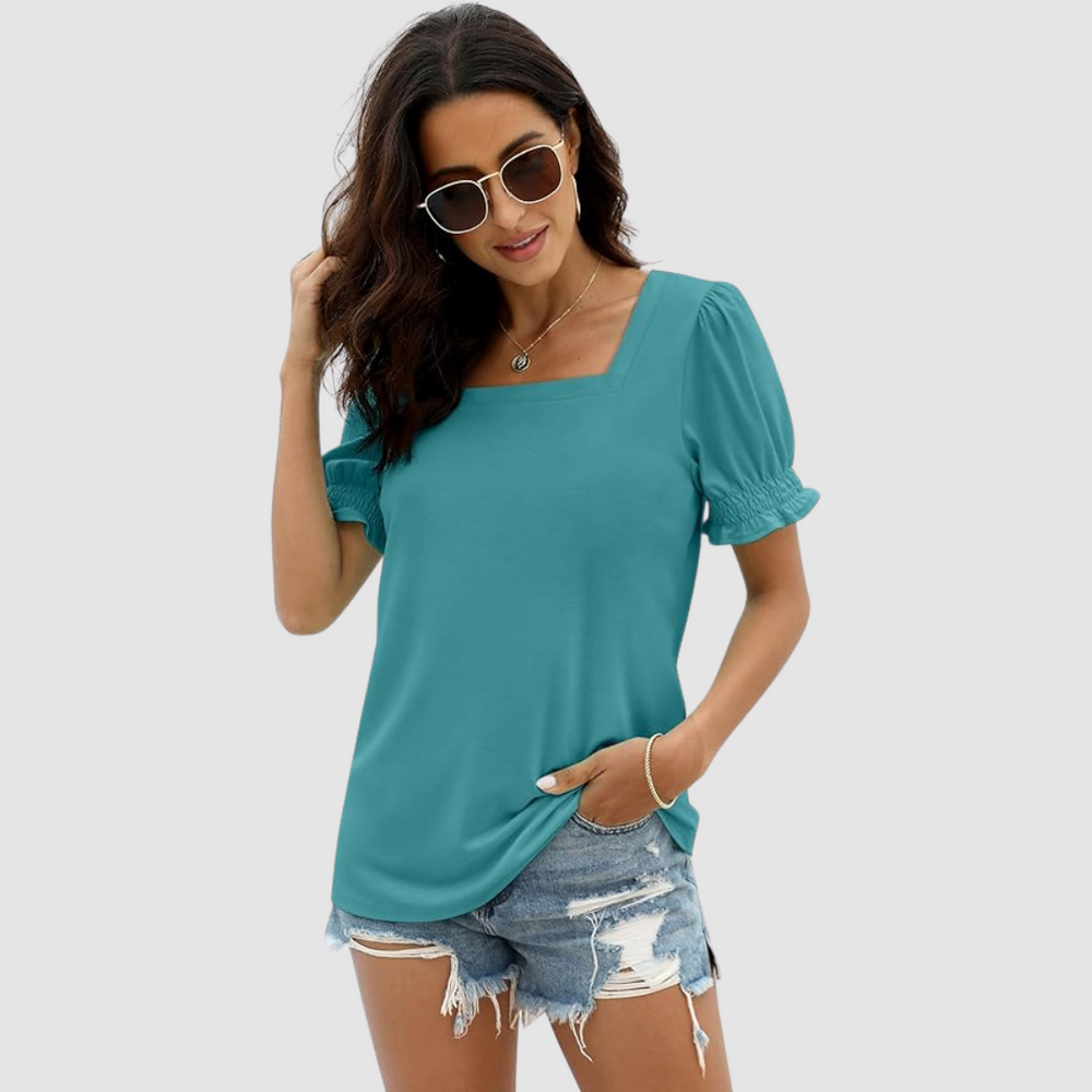 Square-neck top with puff sleeves in teal blue