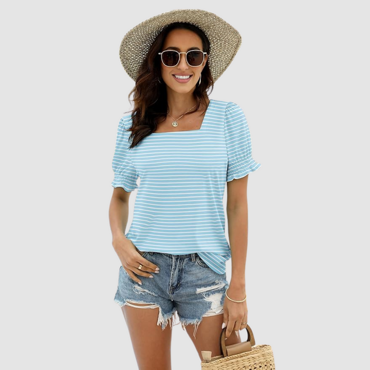Célina™ square neck top in light blue and white stripes with short ruffle sleeves