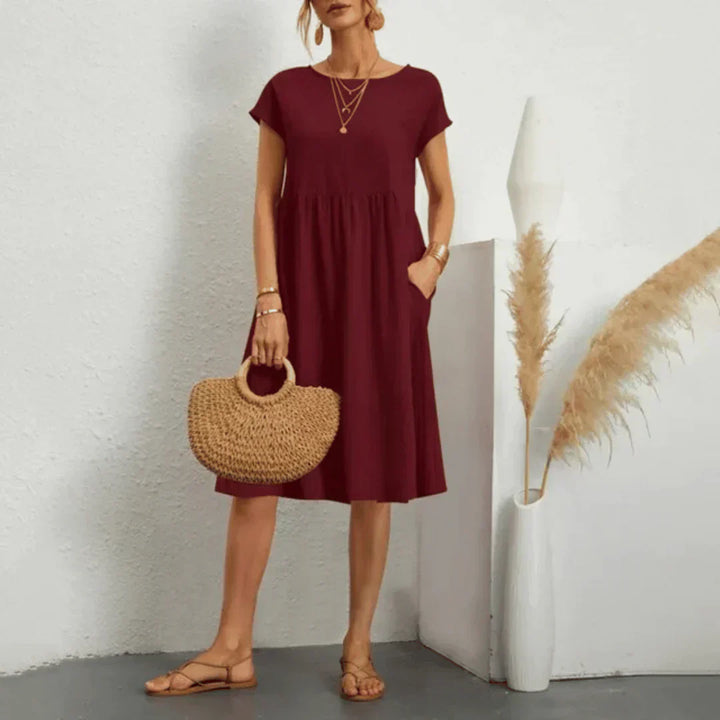Mira™ relaxed midi dress, dark red, short sleeves, scoop neck, gathered waist