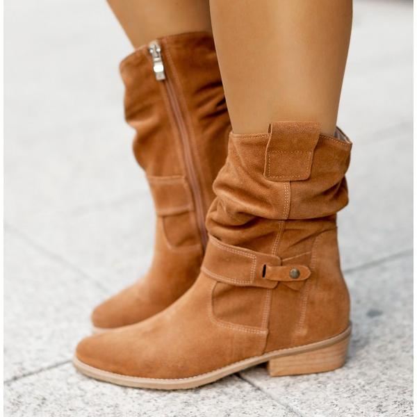 Tan leather-style mid-calf boots with side zipper and wide cuff straps, block heel