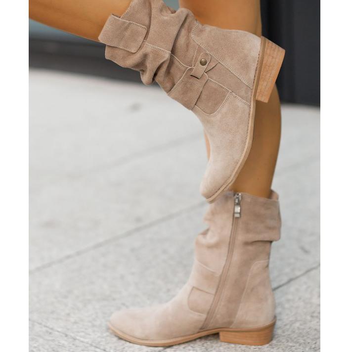 Light beige suede-style ankle boots with buckle strap and side zipper
