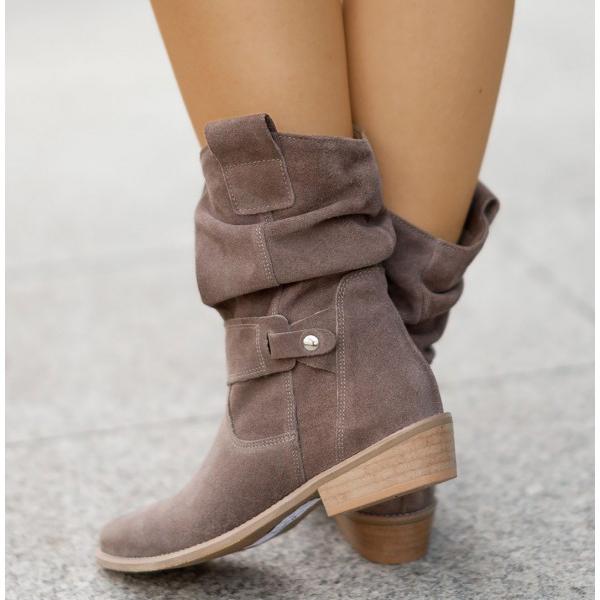 Taupe leather-style mid-calf boots with double straps, button detail, and wood-look heel
