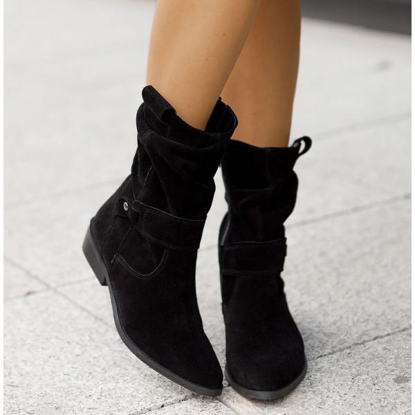Black leather-style mid-calf boots with side pull tabs, stitched seams, and block heel