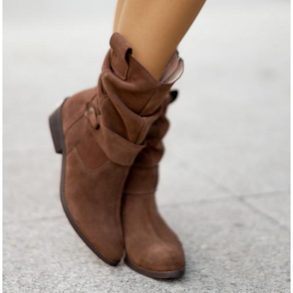 Dark brown suede-style ankle boots with buckle straps and block heel