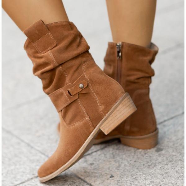 Brown suede-style slouch ankle boots with buckle strap and block heel