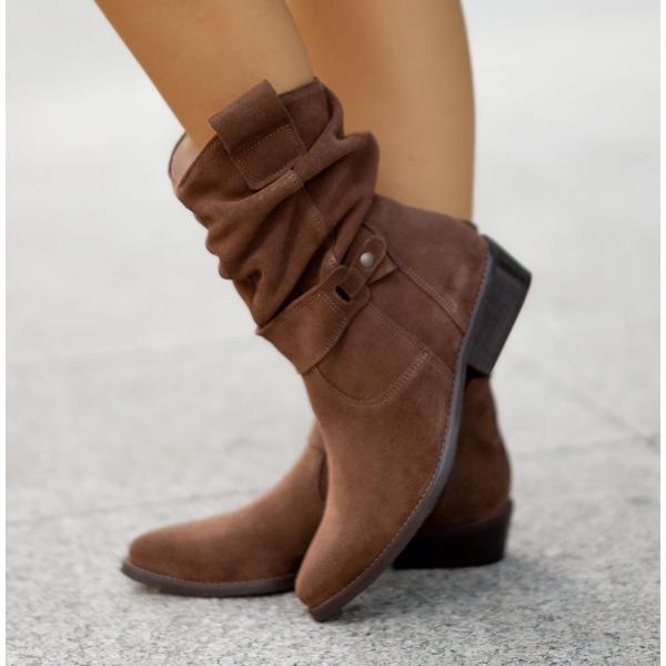 Dark brown leather-style mid-calf boots with buckle strap and chunky block heel