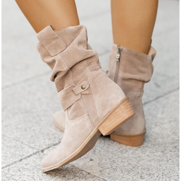 Light beige leather-style mid-calf boots with cuff straps, button details, block heel