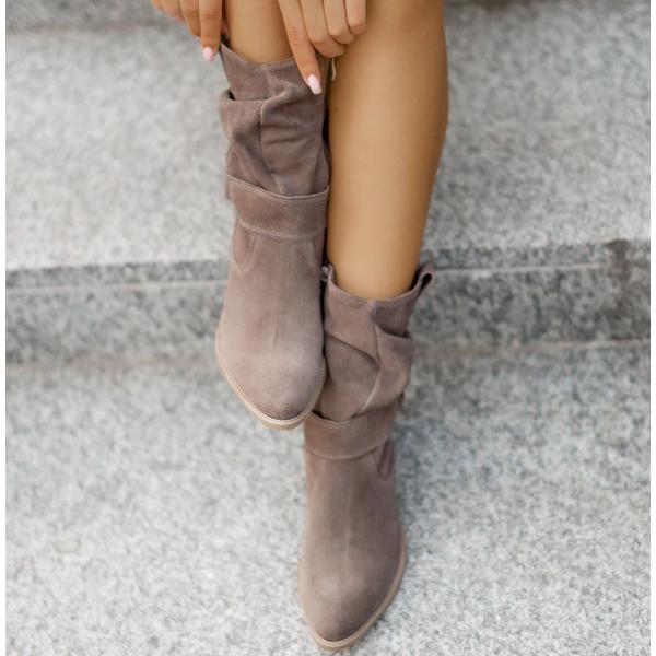 Taupe suede-style pull-on ankle boots with folded collar and block heel