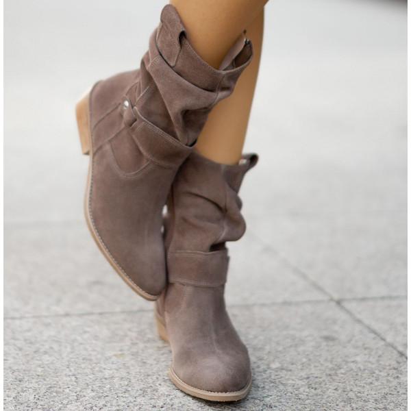 Mushroom brown suede-style ankle boots with side zipper and low block heel