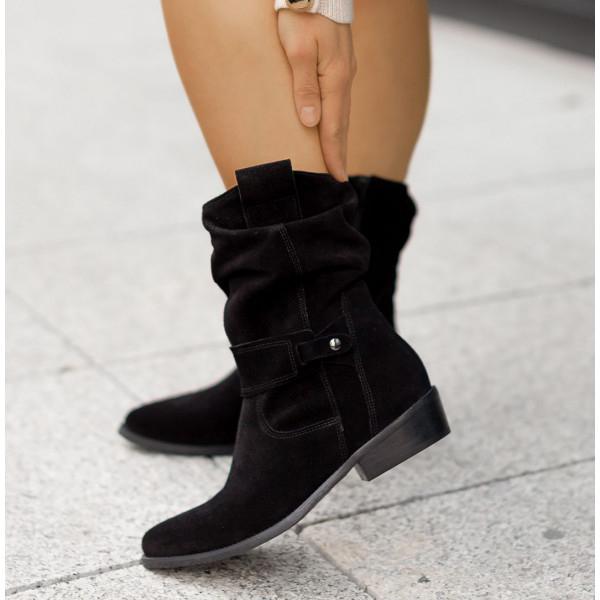 Black suede-style ankle boots with side zipper and buckle strap with block heel