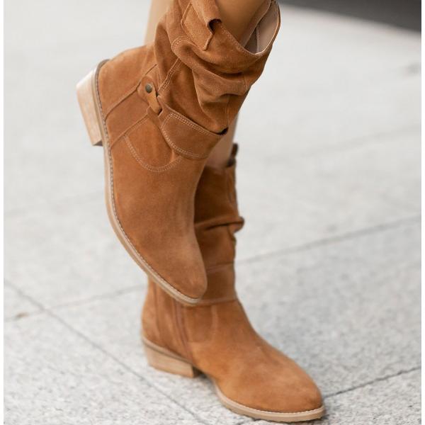 Tan suede-style ankle boots with side zipper and low block heel