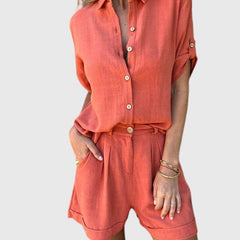 Women’s summer set in red-orange: button-front shirt and matching shorts with tie