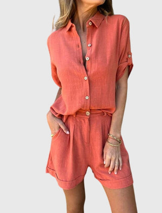 Women’s summer set in red-orange: button-front shirt and matching shorts with tie
