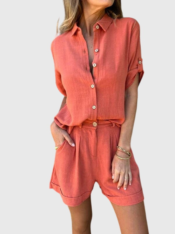 Women’s summer set in red-orange: button-front shirt and matching shorts with tie