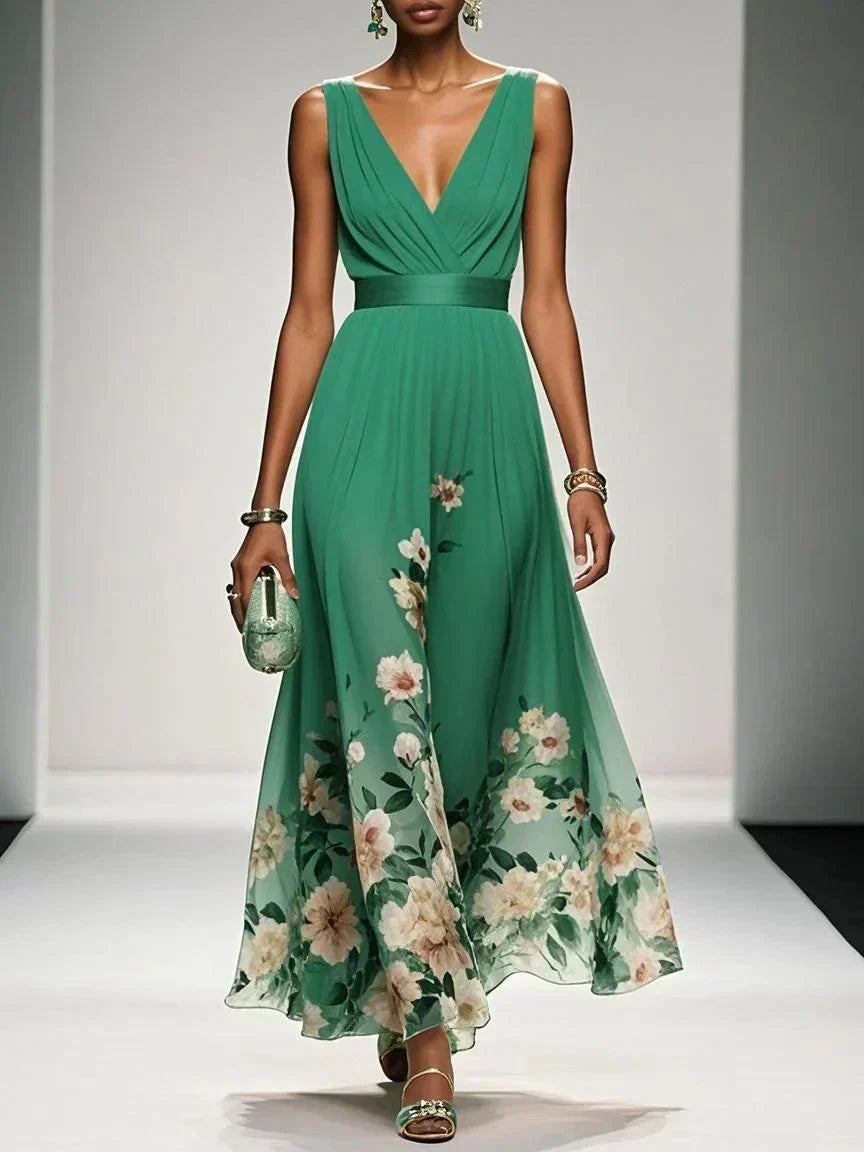 Green sleeveless V-neck floral dress with draped waist and full flowing midi skirt