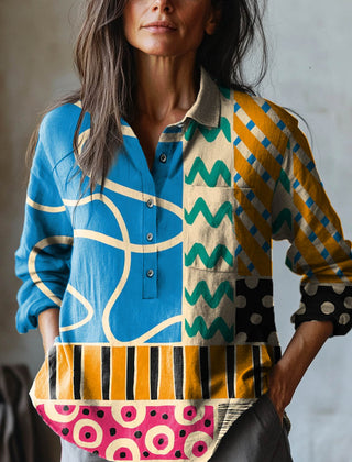 Colorful geometric print button-up shirt with collared neck and long sleeves
