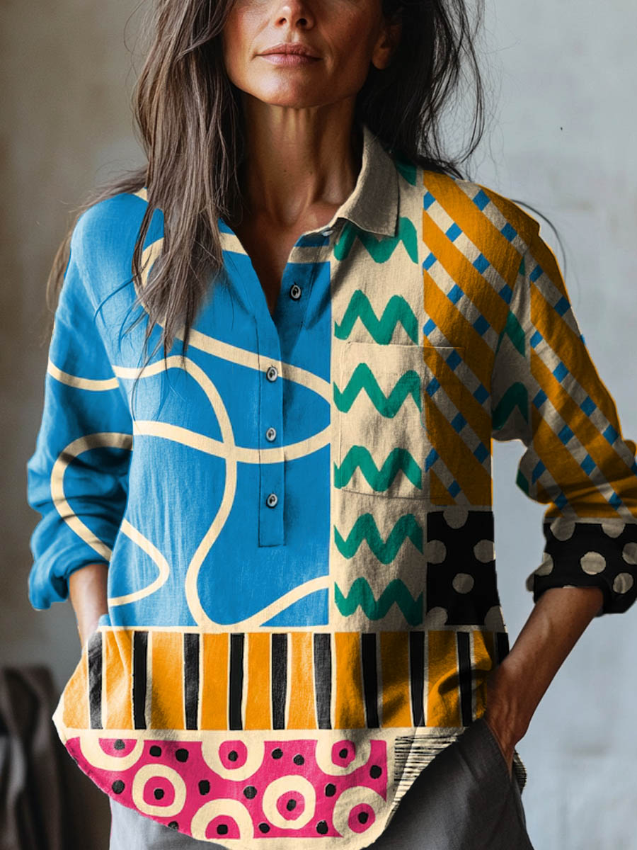 Colorful geometric print button-up shirt with collared neck and long sleeves