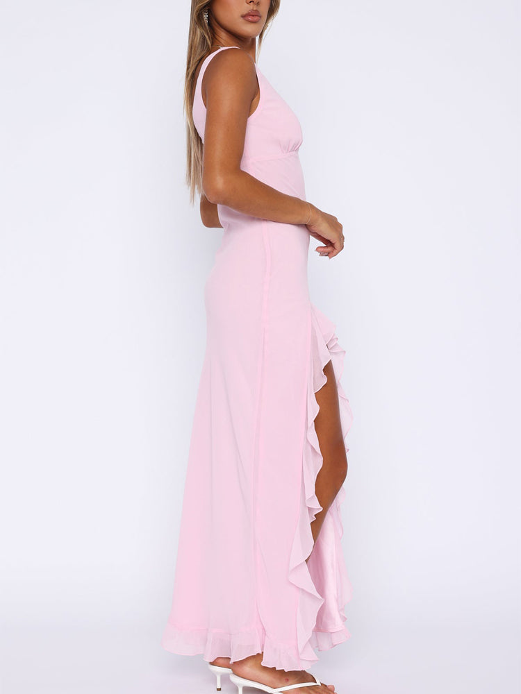 Verity pink V-neck sleeveless maxi dress with side ruffles and cascading hem