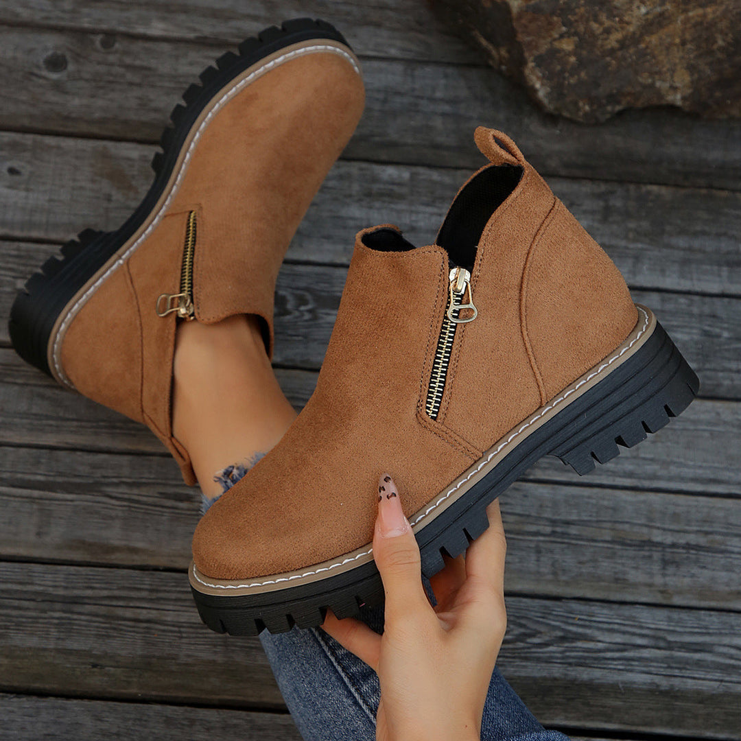 Suede ankle boots with side zip and chunky sole, brown with tan trim