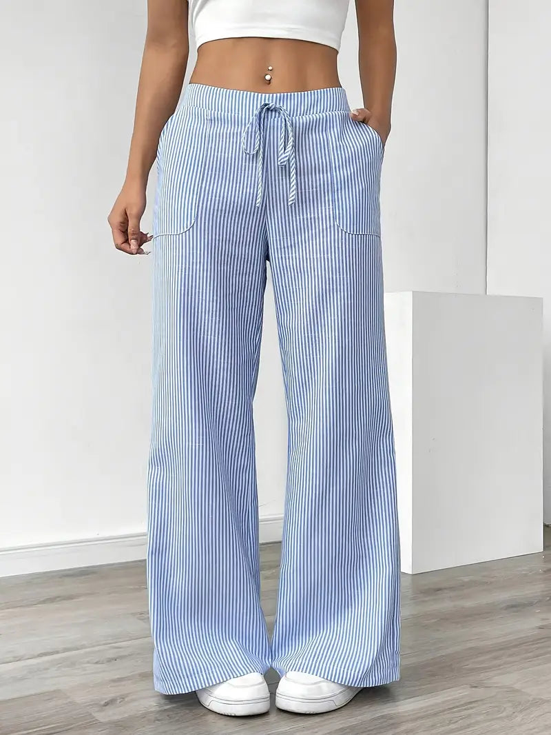 Relaxed wide-leg pinstripe pants with drawstring and elastic waist, light blue/white