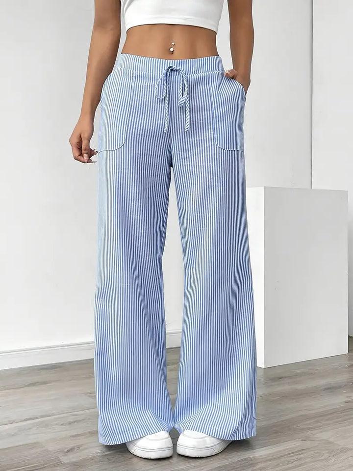 Relaxed wide-leg pinstripe pants with drawstring and elastic waist, light blue/white