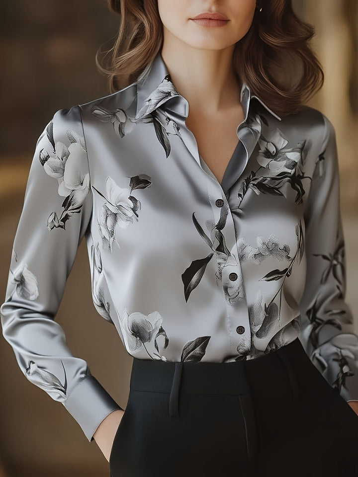 Gray satin blouse with floral print, button-front and V-neck