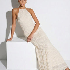 Ivory halter tiered midi dress with ruffle tiers and smocked bodice detail
