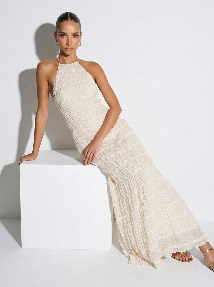 Ivory halter tiered midi dress with ruffle tiers and smocked bodice detail