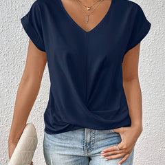 Women's navy V-neck T-shirt with short sleeves and front twist drape.