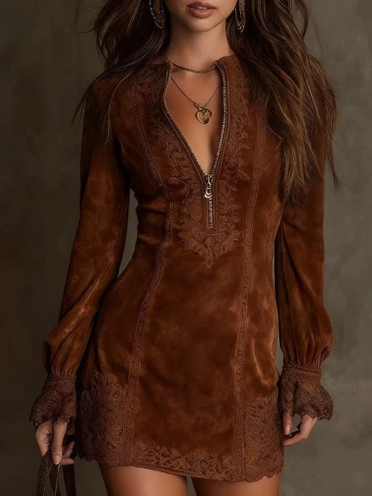 Brown suede mini dress with front zipper, long puff sleeves, embroidered lace trim