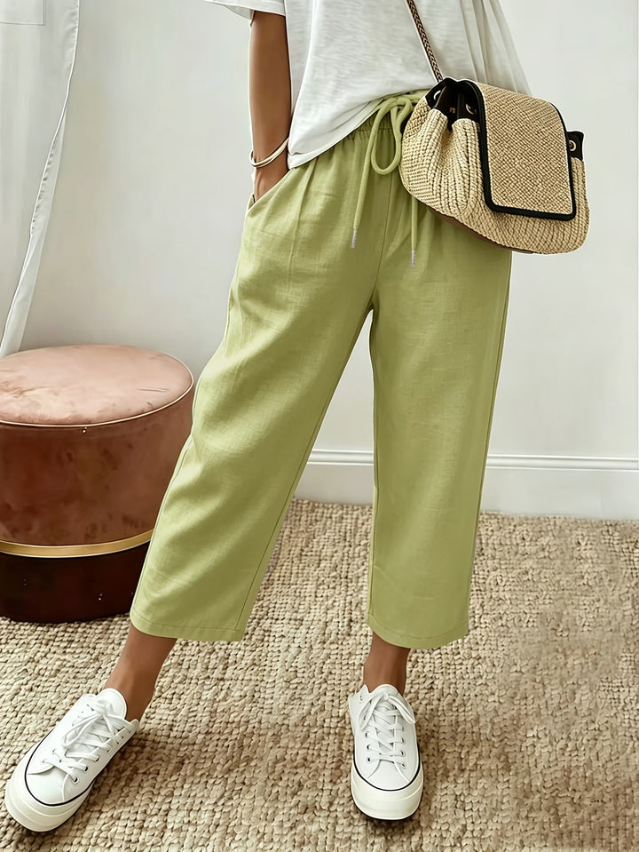Cropped wide-leg trousers, sage green, drawstring waist and ankle-length hem