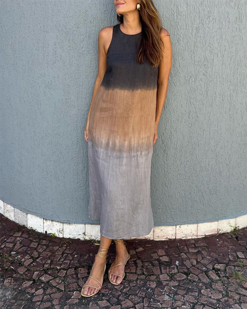 Blue-gray ombre sleeveless midi dress with round neckline and relaxed fit