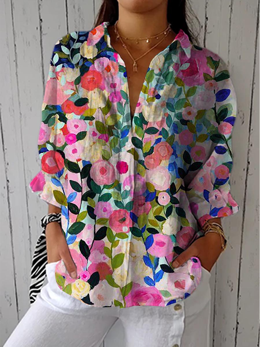 Anaiah™ multicolor floral canvas blouse, V-neck with long sleeves