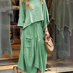 Sabrina set in green: airy tunic top with wide neckline and maxi skirt with patch pockets