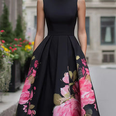 Black sleeveless midi dress with fitted bodice and full skirt, pink floral print panels
