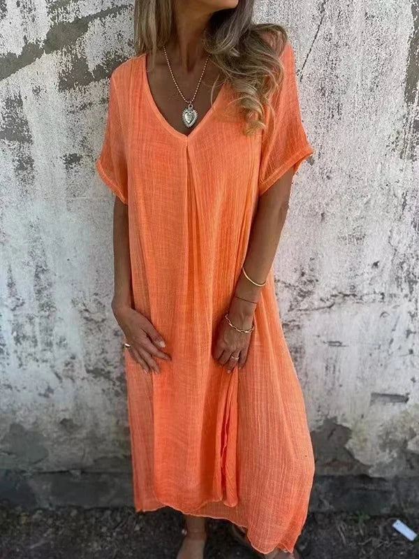 Orange breathable V-neck dress with short sleeves, relaxed fit, flowing skirt