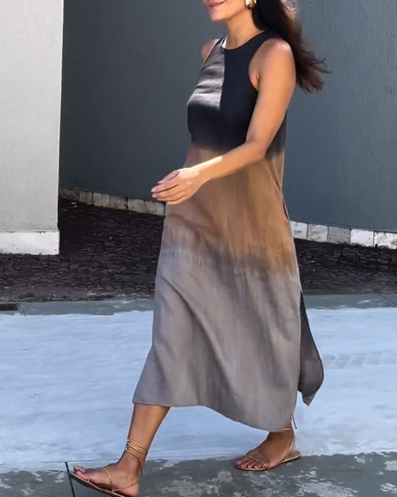 Gray ombre sleeveless midi dress with round neckline and side slit detail