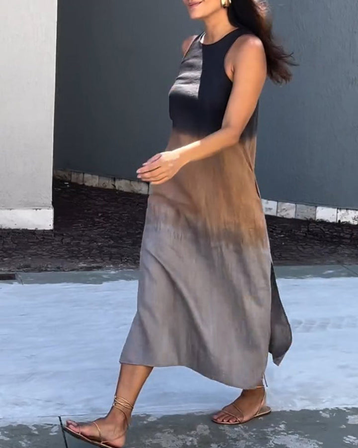 Gray ombre sleeveless midi dress with round neckline and side slit detail
