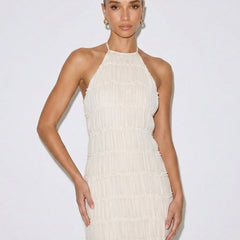 Ivory halter tiered midi dress with high neckline and layered ruffles