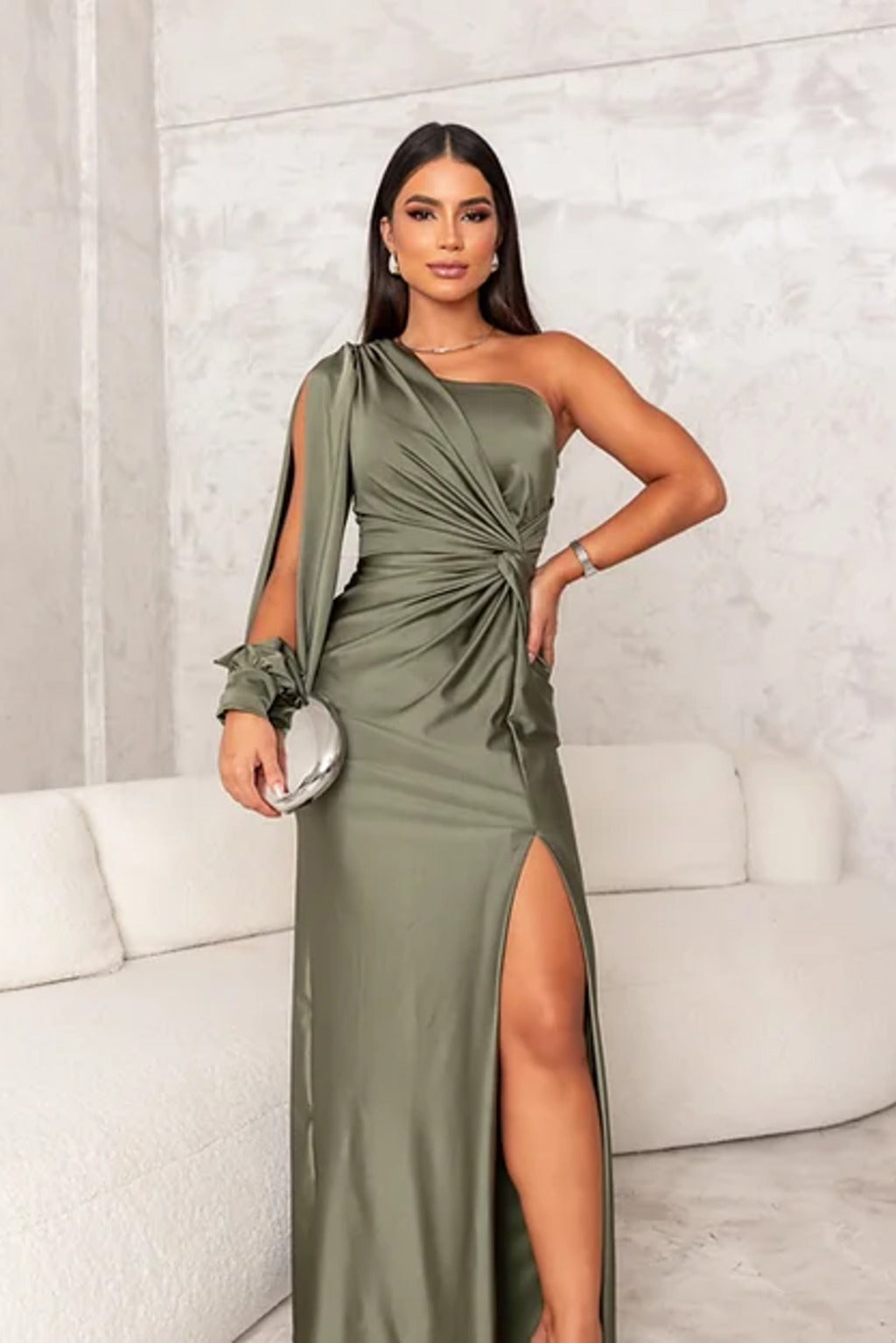 Olive green one-shoulder satin maxi dress with gathered waist and side slit