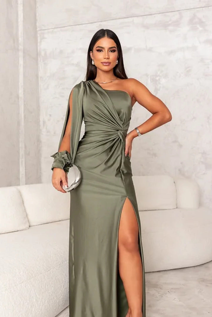 Olive green one-shoulder satin maxi dress with gathered waist and side slit