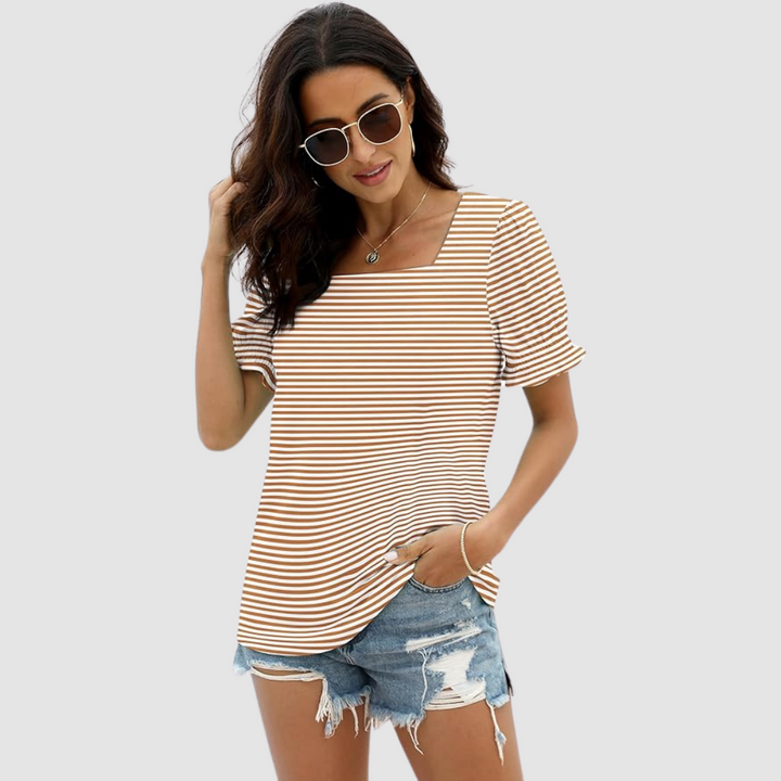Square neck striped short-sleeve top in tan and white